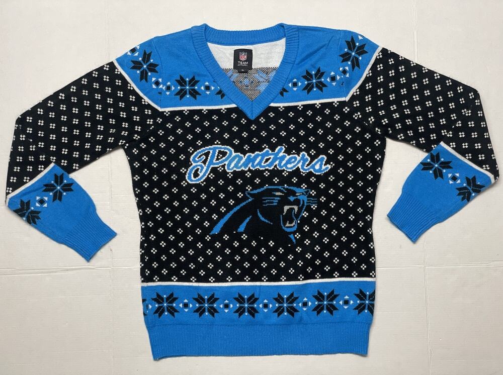 Carolina Panthers NFL Ugly Christmas Sweater Fair Isle Knit V-Neck Mens XL